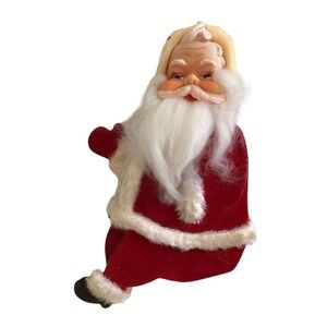 Santa Claus Figurine Shelf Sitter Mantel Wood Flocking Fur Vintage Decoration